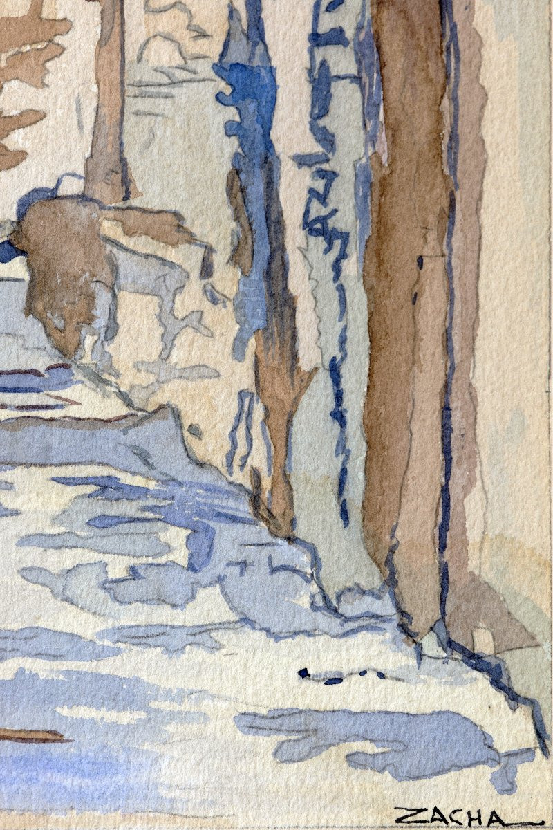Avignon, rue de la vieille ville et clocher de Notre-Dame des Doms – Aquarelle – Signée -photo-3
