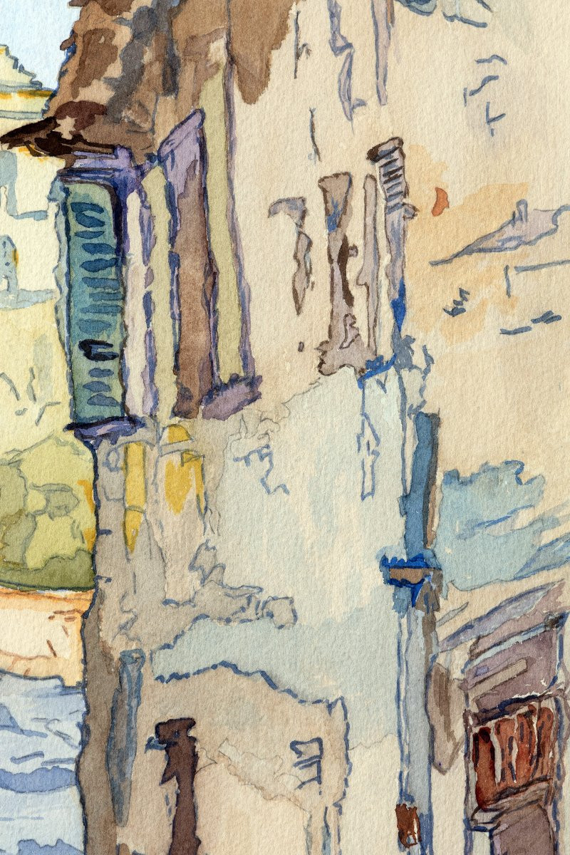 Avignon, rue de la vieille ville et clocher de Notre-Dame des Doms – Aquarelle – Signée -photo-2