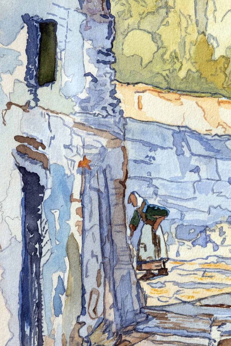 Avignon, rue de la vieille ville et clocher de Notre-Dame des Doms – Aquarelle – Signée -photo-3