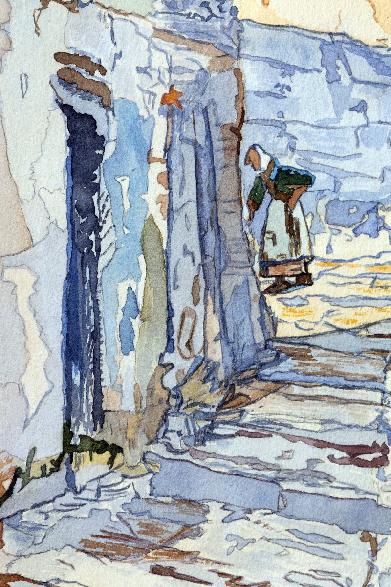 Avignon, rue de la vieille ville et clocher de Notre-Dame des Doms – Aquarelle – Signée -photo-4