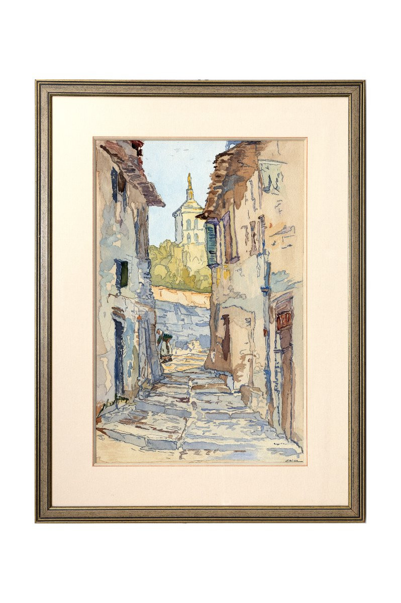 Avignon, rue de la vieille ville et clocher de Notre-Dame des Doms – Aquarelle – Signée -photo-5
