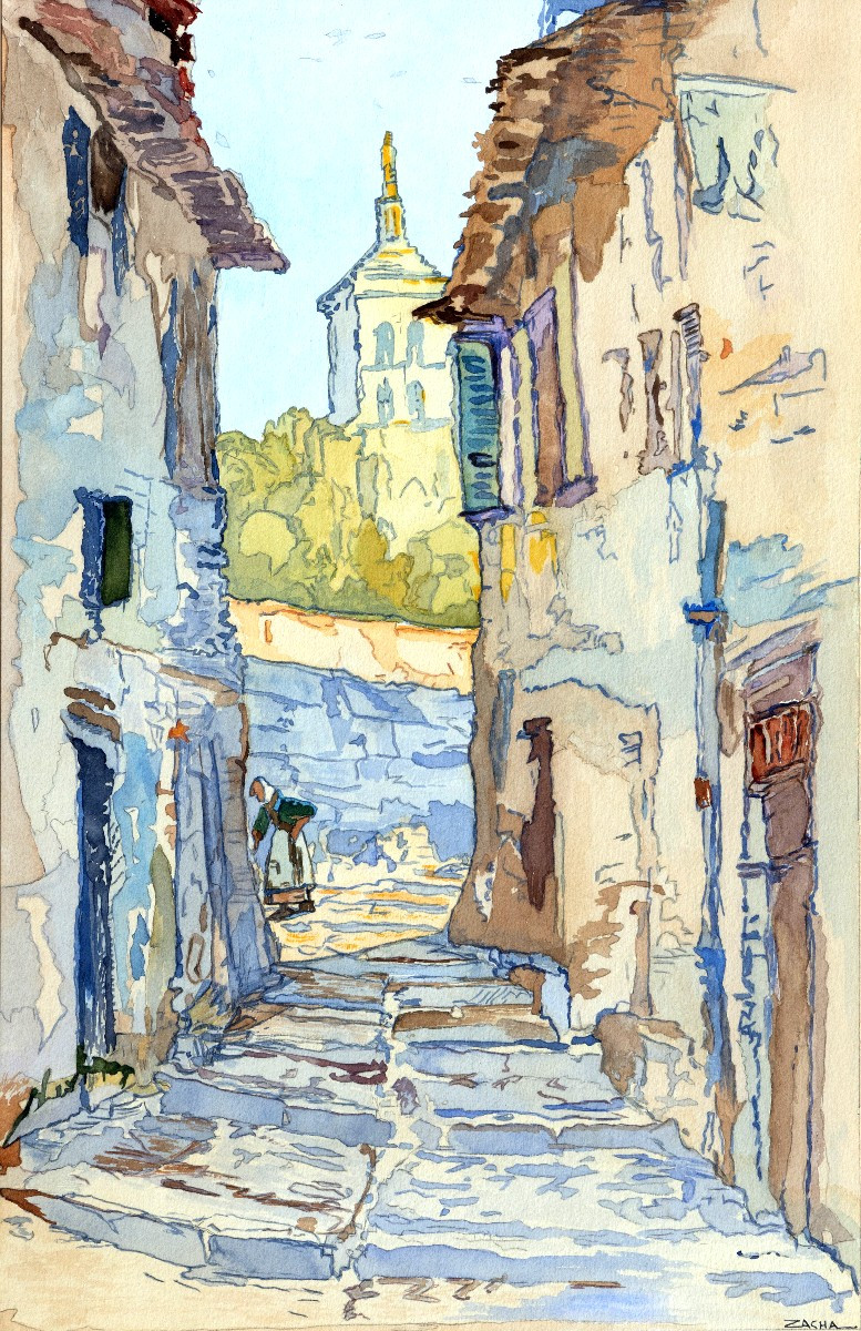 Avignon, rue de la vieille ville et clocher de Notre-Dame des Doms – Aquarelle – Signée 