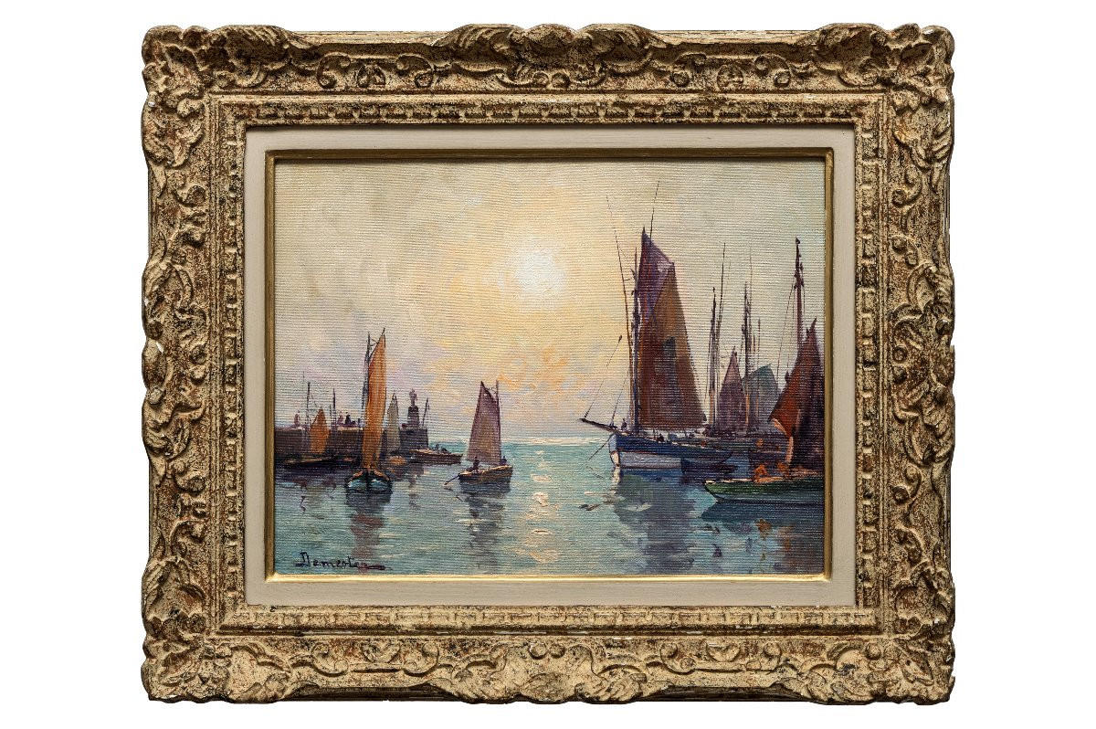 Eugene Demester - Fishing Boats In A Breton Port At Dusk - Oil On Canvas - Signed-photo-2