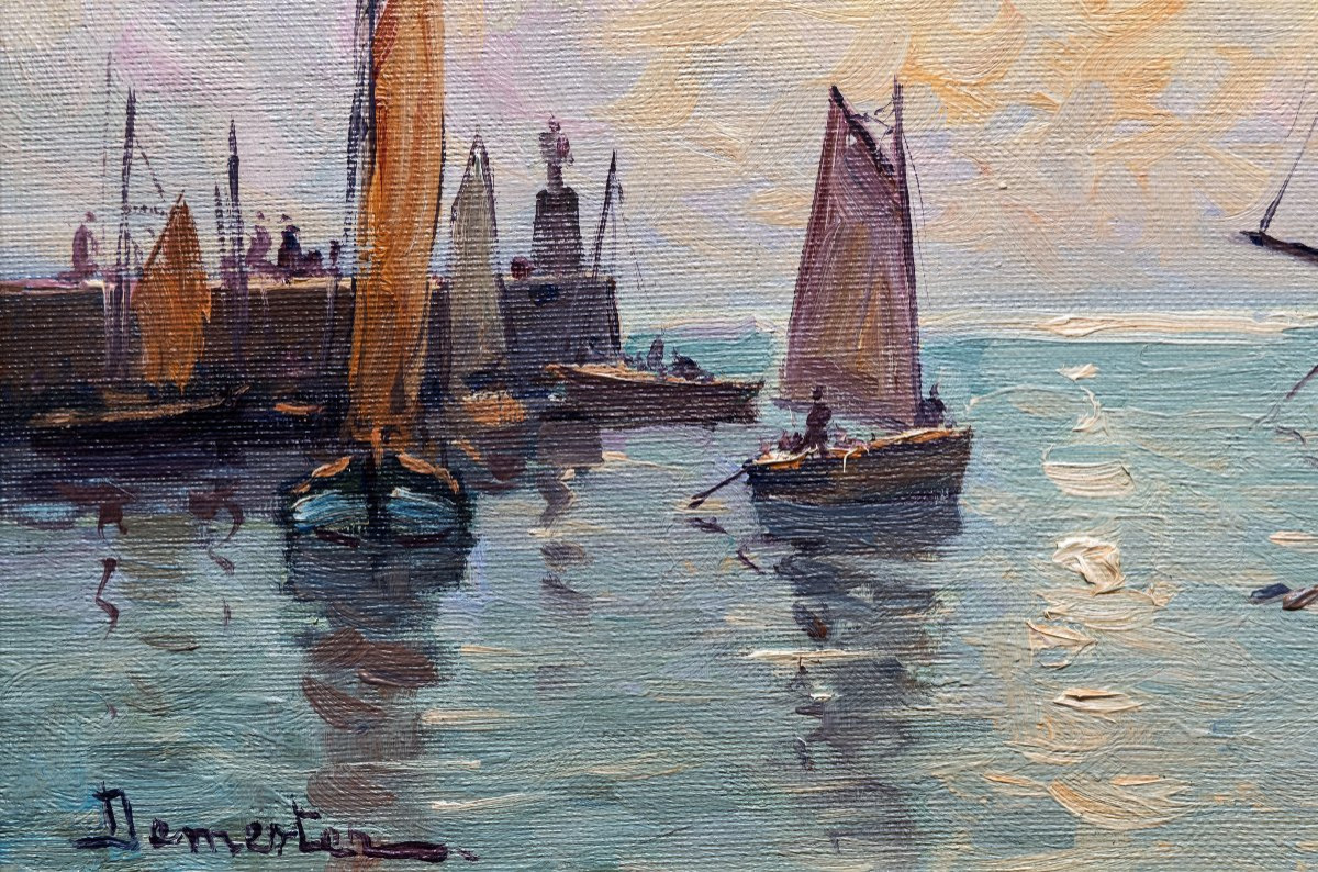 Eugene Demester - Fishing Boats In A Breton Port At Dusk - Oil On Canvas - Signed-photo-3