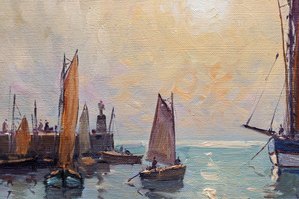 Eugene Demester - Fishing Boats In A Breton Port At Dusk - Oil On Canvas - Signed-photo-1