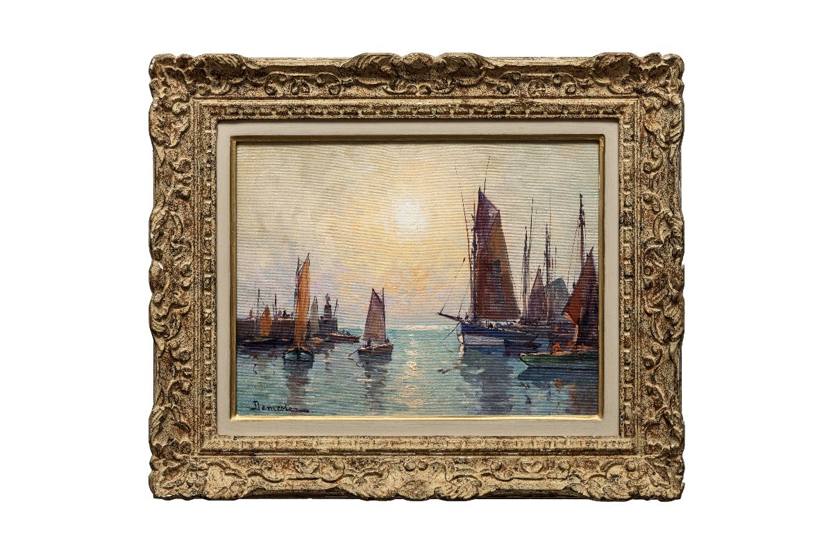 Eugene Demester - Fishing Boats In A Breton Port At Dusk - Oil On Canvas - Signed-photo-4