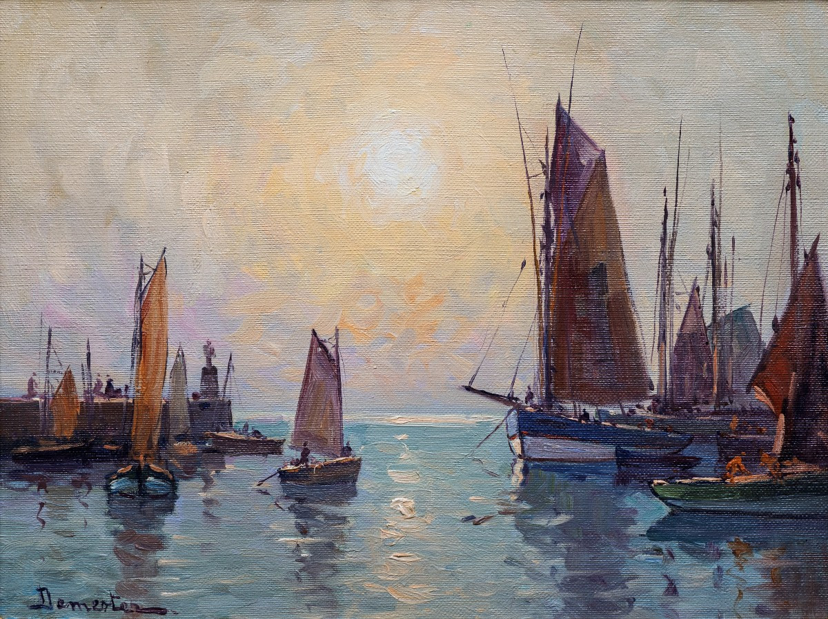 Eugene Demester - Fishing Boats In A Breton Port At Dusk - Oil On Canvas - Signed