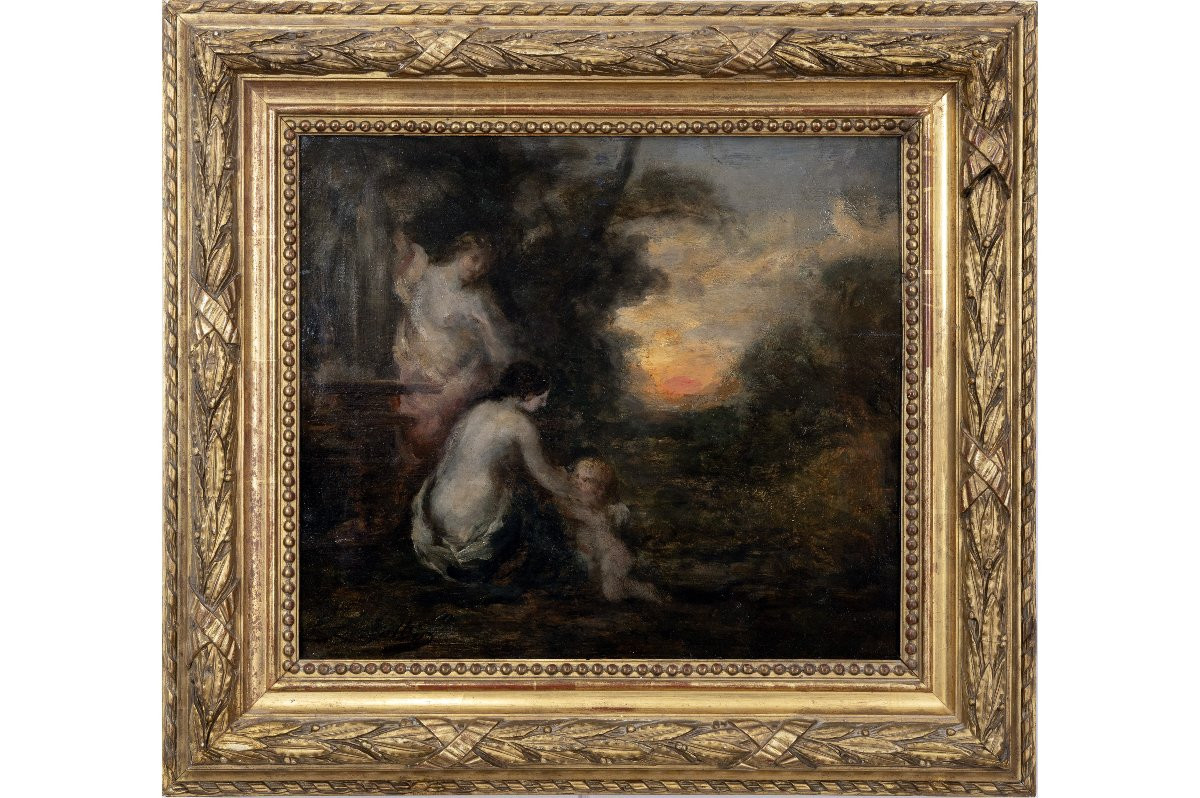 M. A. Rosalbin De Buncey - Nymph, Eros And Bather - Oil On Panel - Signed-photo-2