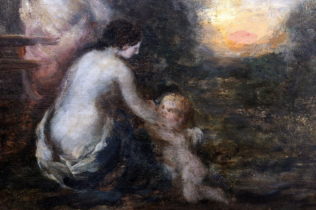 M. A. Rosalbin De Buncey - Nymph, Eros And Bather - Oil On Panel - Signed-photo-1