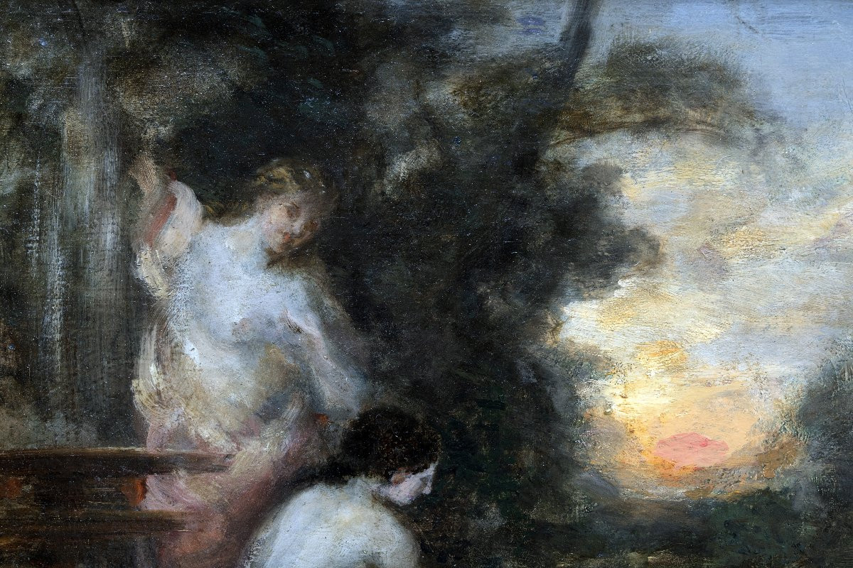 M. A. Rosalbin De Buncey - Nymph, Eros And Bather - Oil On Panel - Signed-photo-2
