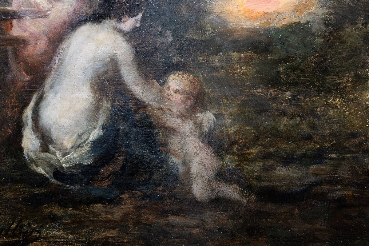 M. A. Rosalbin De Buncey - Nymph, Eros And Bather - Oil On Panel - Signed-photo-4
