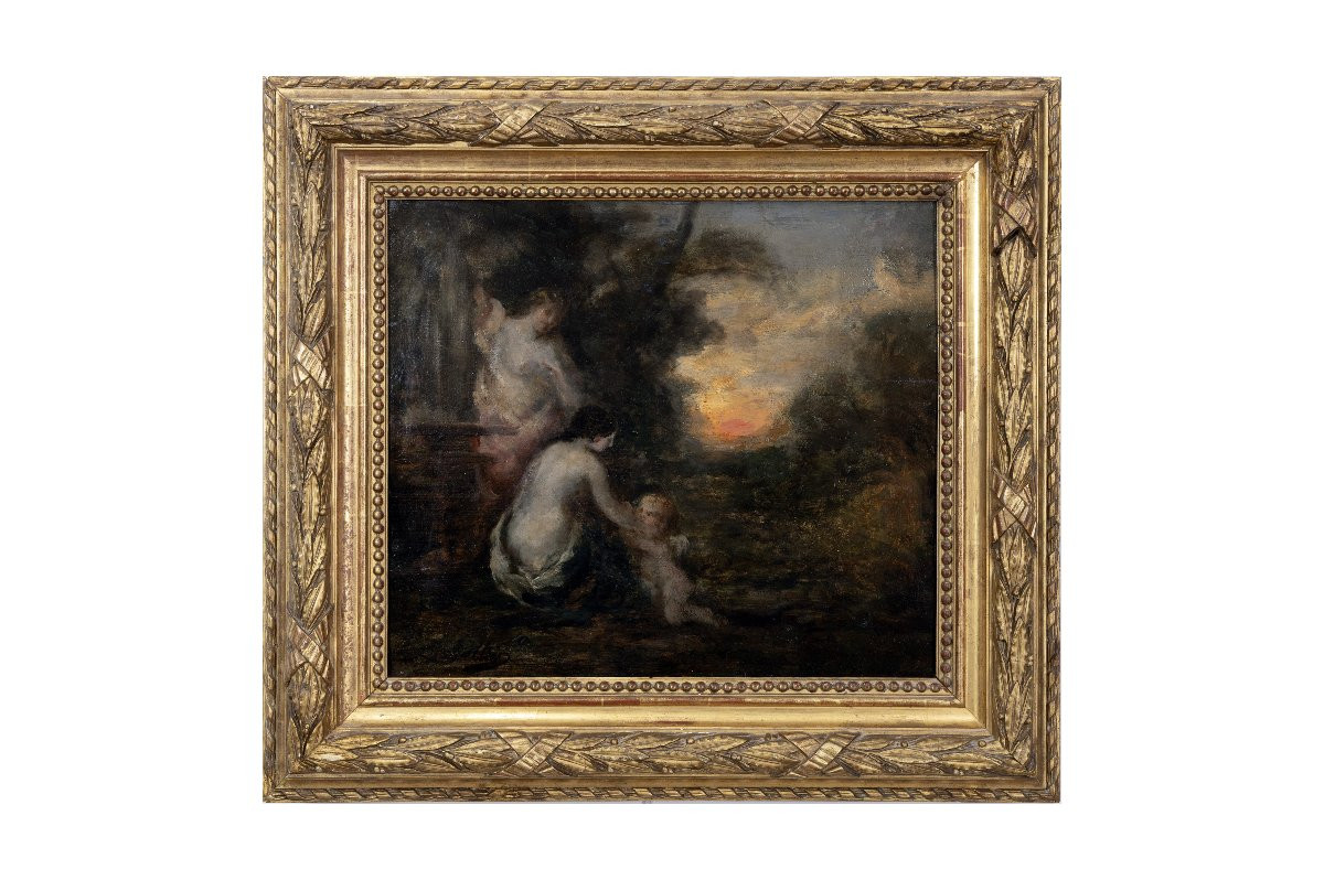 M. A. Rosalbin De Buncey - Nymph, Eros And Bather - Oil On Panel - Signed-photo-6