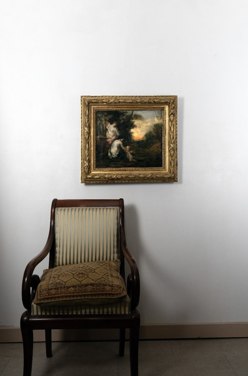 M. A. Rosalbin De Buncey - Nymph, Eros And Bather - Oil On Panel - Signed-photo-7