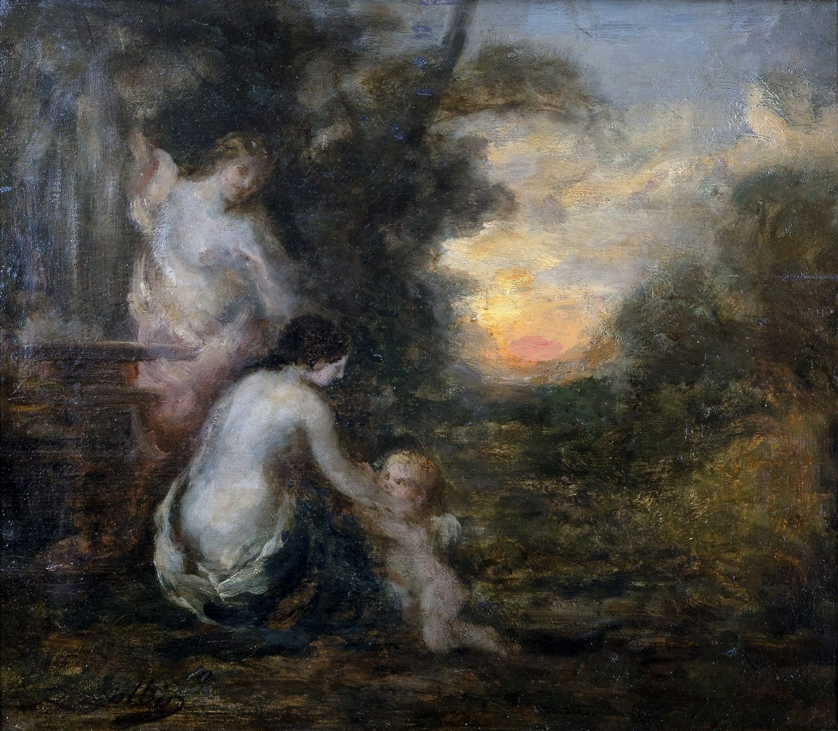 M. A. Rosalbin De Buncey - Nymph, Eros And Bather - Oil On Panel - Signed