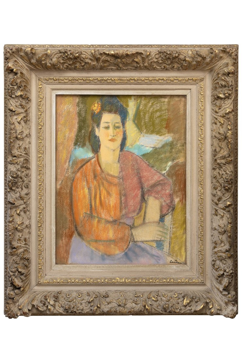 School Of Paris - Zygmunt Landau - Woman In An Orange Blouse - Pastel - Signed-photo-2