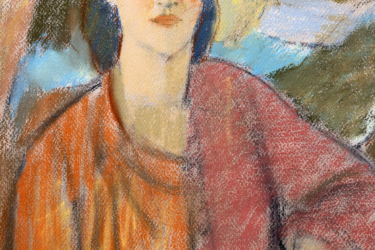 School Of Paris - Zygmunt Landau - Woman In An Orange Blouse - Pastel - Signed-photo-2