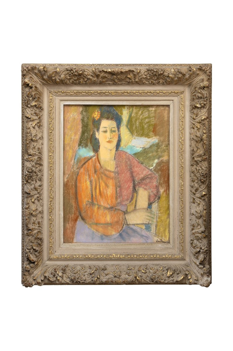 School Of Paris - Zygmunt Landau - Woman In An Orange Blouse - Pastel - Signed-photo-6