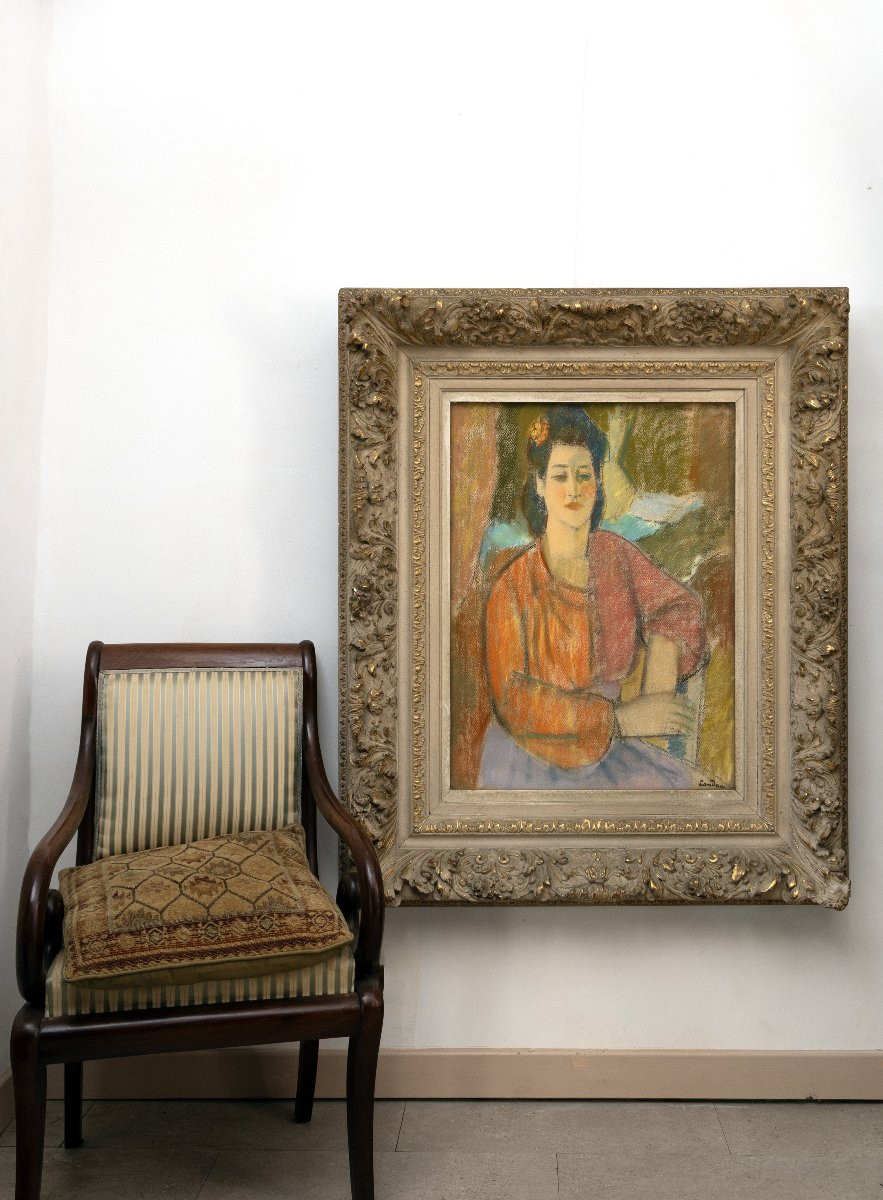 School Of Paris - Zygmunt Landau - Woman In An Orange Blouse - Pastel - Signed-photo-7