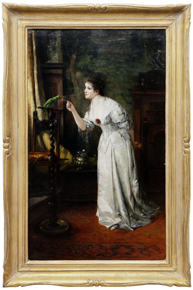 Ferdinand Wagner Le Jeune - Woman Playing With A Parrot - Oil On Canvas - Late 19th Century - Signed-photo-2
