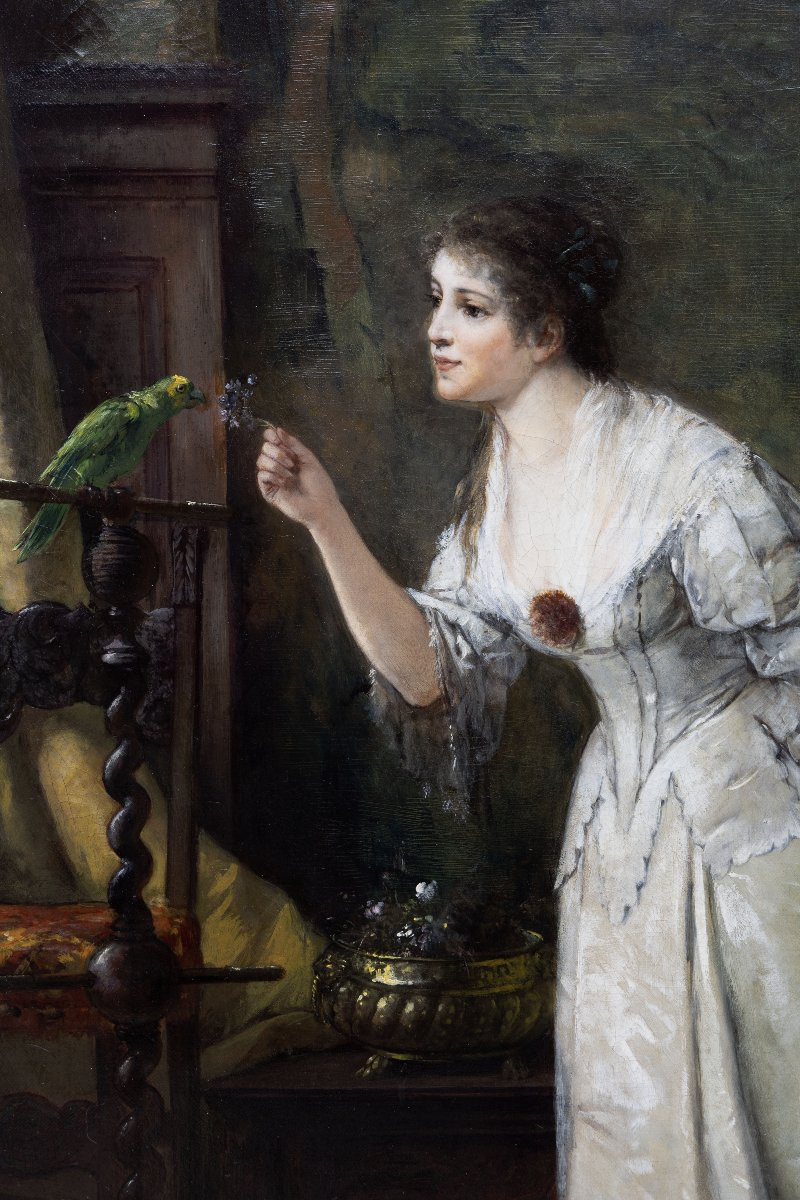 Ferdinand Wagner Le Jeune - Woman Playing With A Parrot - Oil On Canvas - Late 19th Century - Signed-photo-1