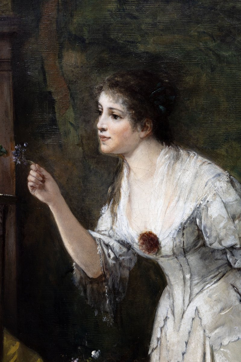 Ferdinand Wagner Le Jeune - Woman Playing With A Parrot - Oil On Canvas - Late 19th Century - Signed-photo-2