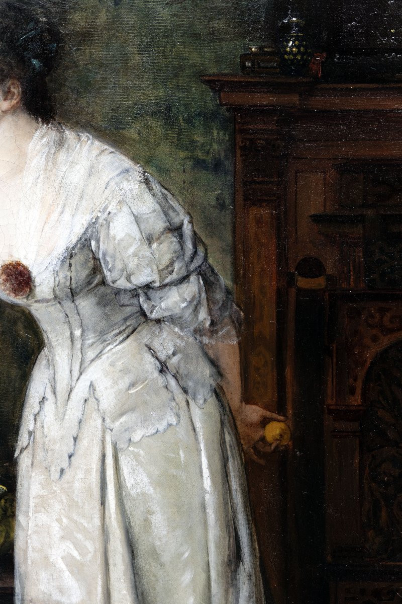 Ferdinand Wagner Le Jeune - Woman Playing With A Parrot - Oil On Canvas - Late 19th Century - Signed-photo-3