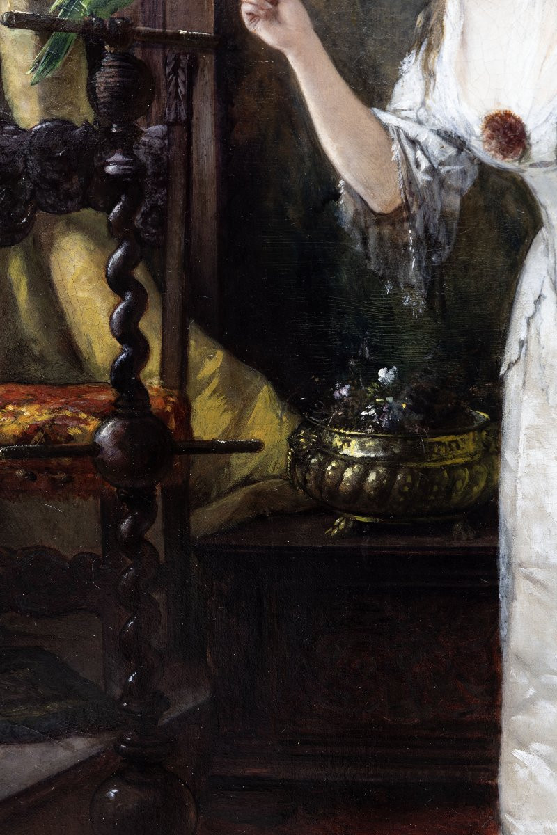 Ferdinand Wagner Le Jeune - Woman Playing With A Parrot - Oil On Canvas - Late 19th Century - Signed-photo-4