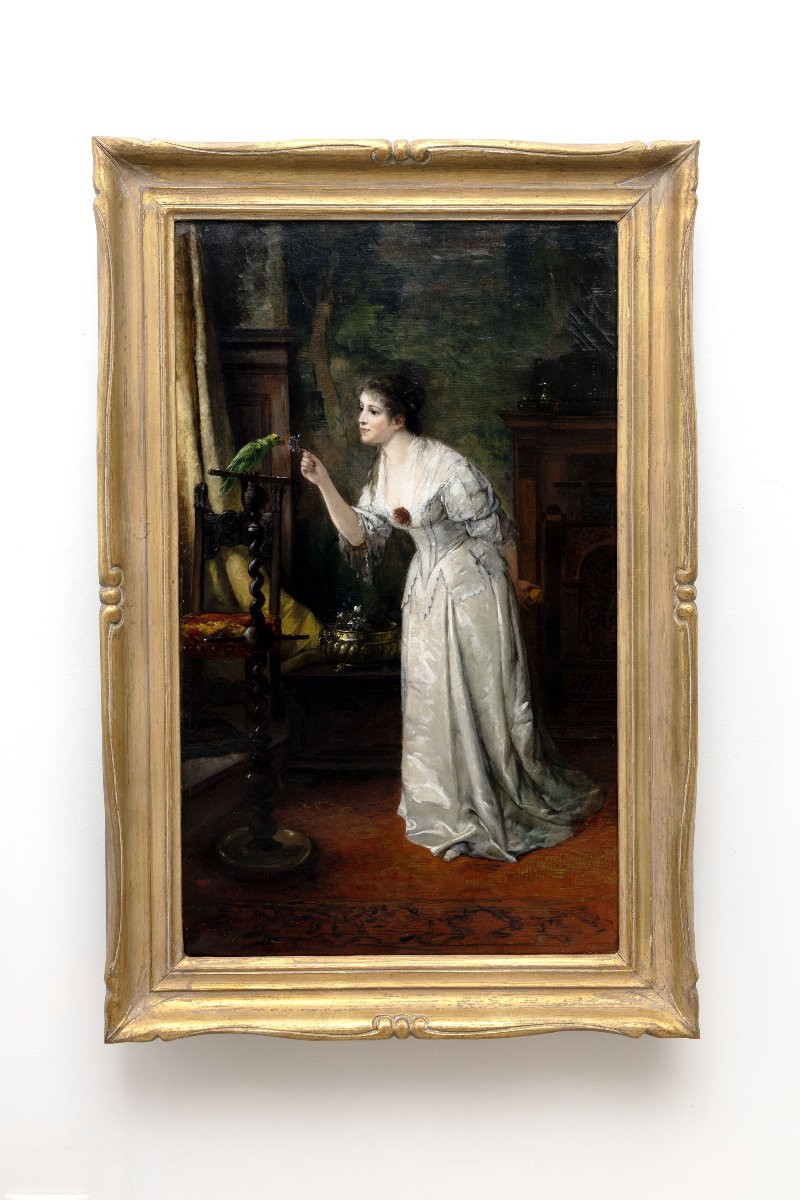 Ferdinand Wagner Le Jeune - Woman Playing With A Parrot - Oil On Canvas - Late 19th Century - Signed-photo-6