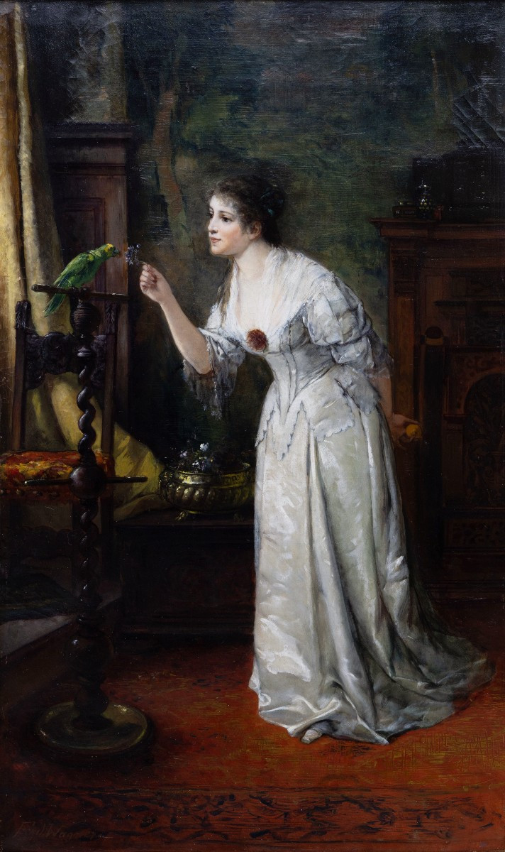 Ferdinand Wagner Le Jeune - Woman Playing With A Parrot - Oil On Canvas - Late 19th Century - Signed