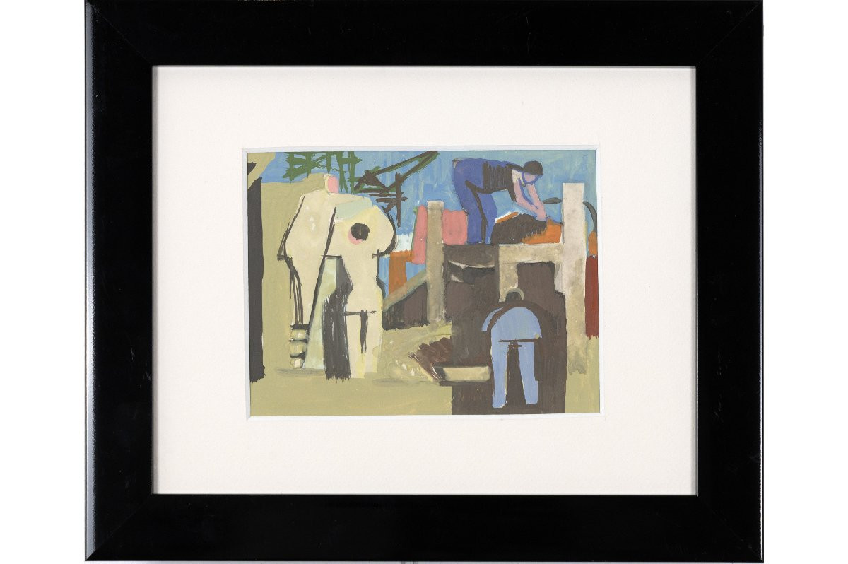 Roger Derieux - The Masons - Gouache - About 1955 - Authentication Stamp-photo-2
