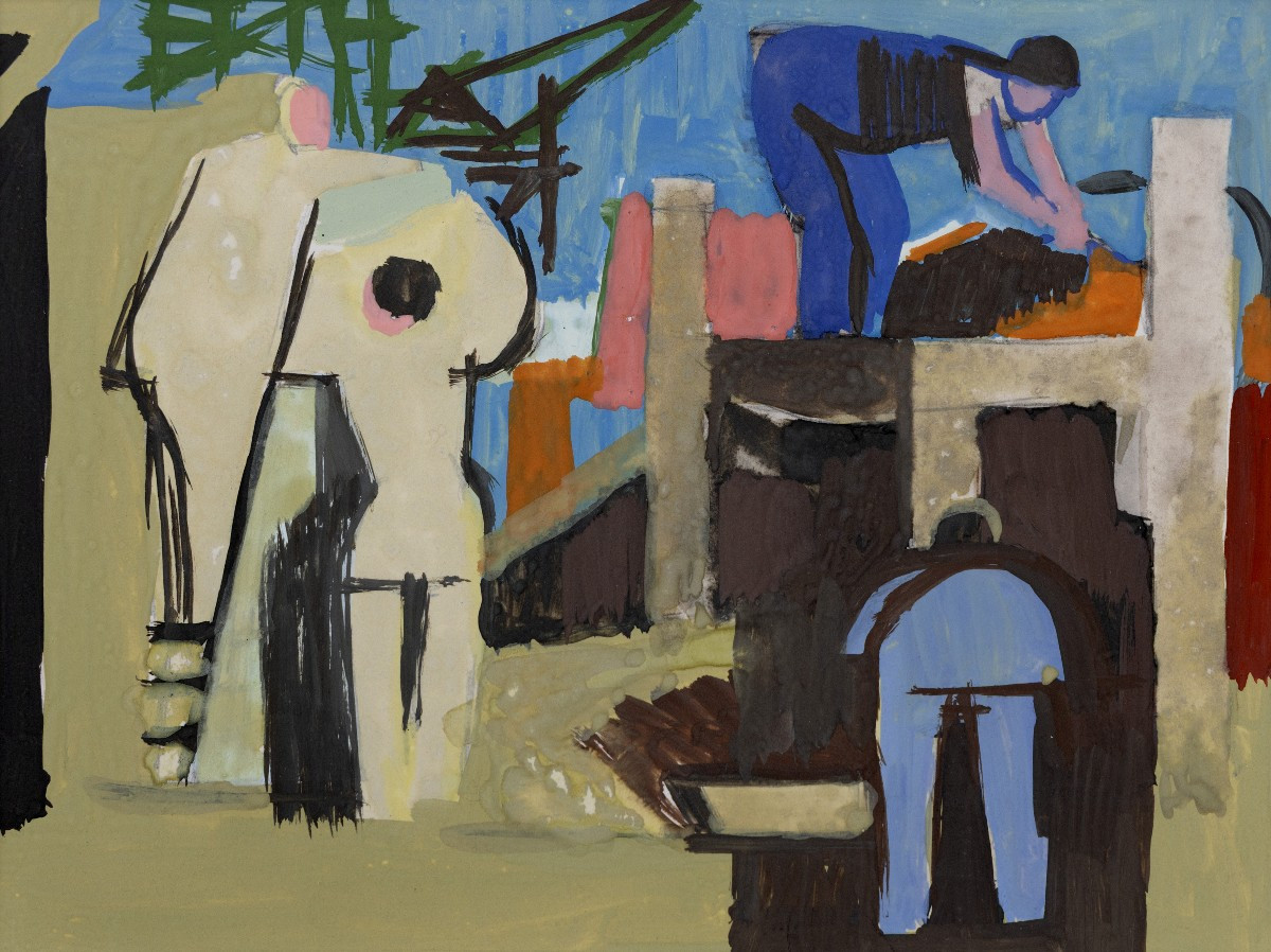 Roger Derieux - The Masons - Gouache - About 1955 - Authentication Stamp