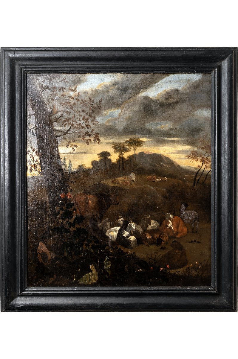 Cercle de N. BERCHEM – Paysage avec troupeau, berger et bergère – Huile sur toile –  XVIIe-photo-2