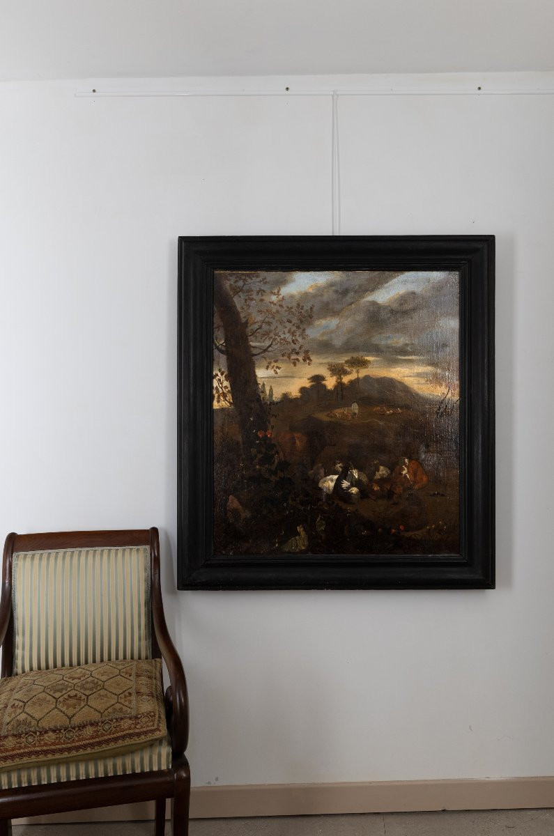 Cercle de N. BERCHEM – Paysage avec troupeau, berger et bergère – Huile sur toile –  XVIIe-photo-4