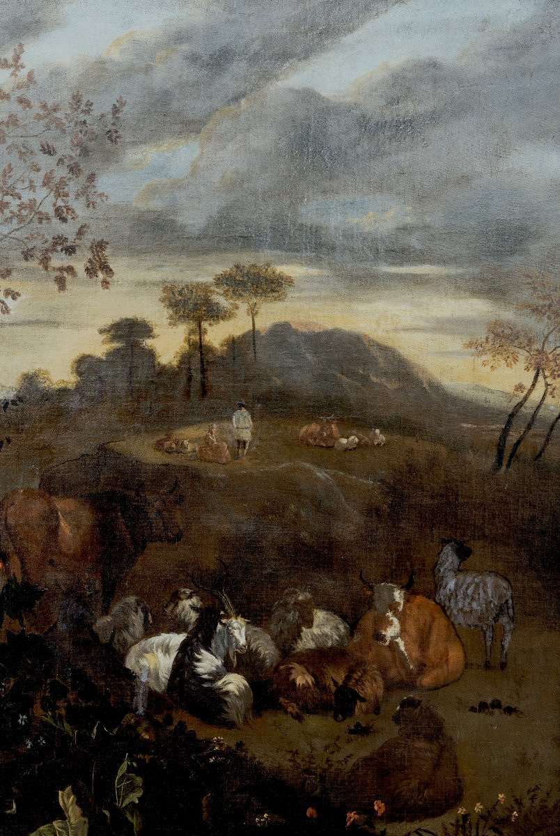 Cercle de N. BERCHEM – Paysage avec troupeau, berger et bergère – Huile sur toile –  XVIIe-photo-1
