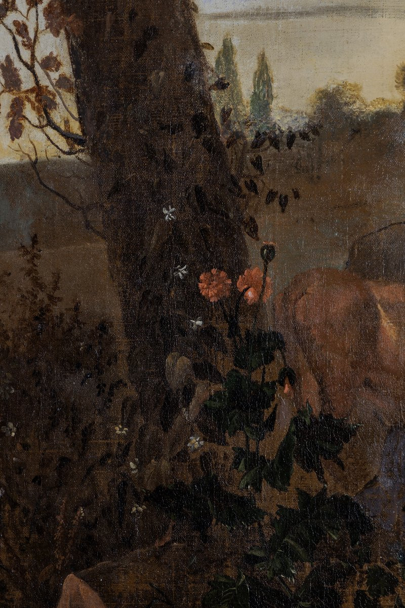 Cercle de N. BERCHEM – Paysage avec troupeau, berger et bergère – Huile sur toile –  XVIIe-photo-2