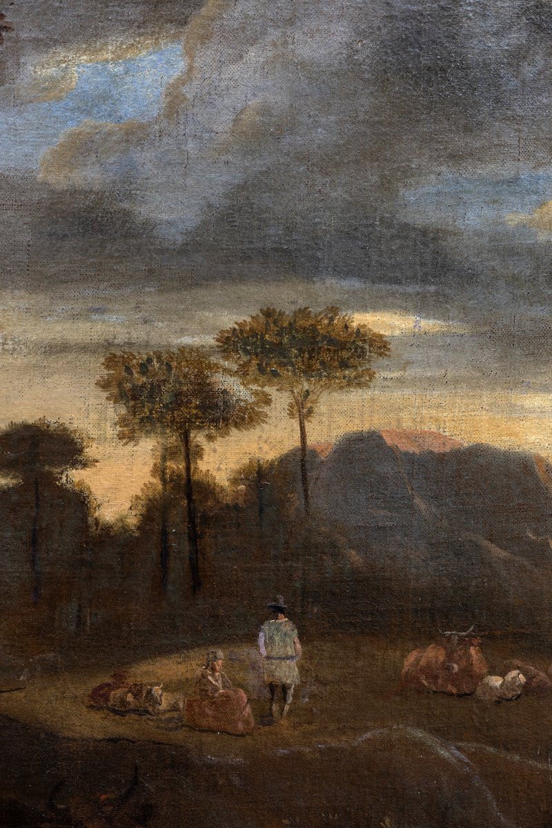 Cercle de N. BERCHEM – Paysage avec troupeau, berger et bergère – Huile sur toile –  XVIIe-photo-3