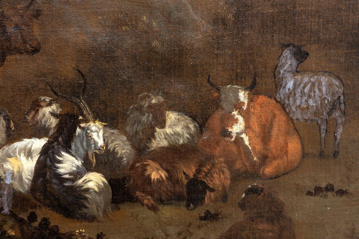 Cercle de N. BERCHEM – Paysage avec troupeau, berger et bergère – Huile sur toile –  XVIIe-photo-5