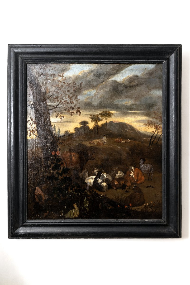 Cercle de N. BERCHEM – Paysage avec troupeau, berger et bergère – Huile sur toile –  XVIIe-photo-6