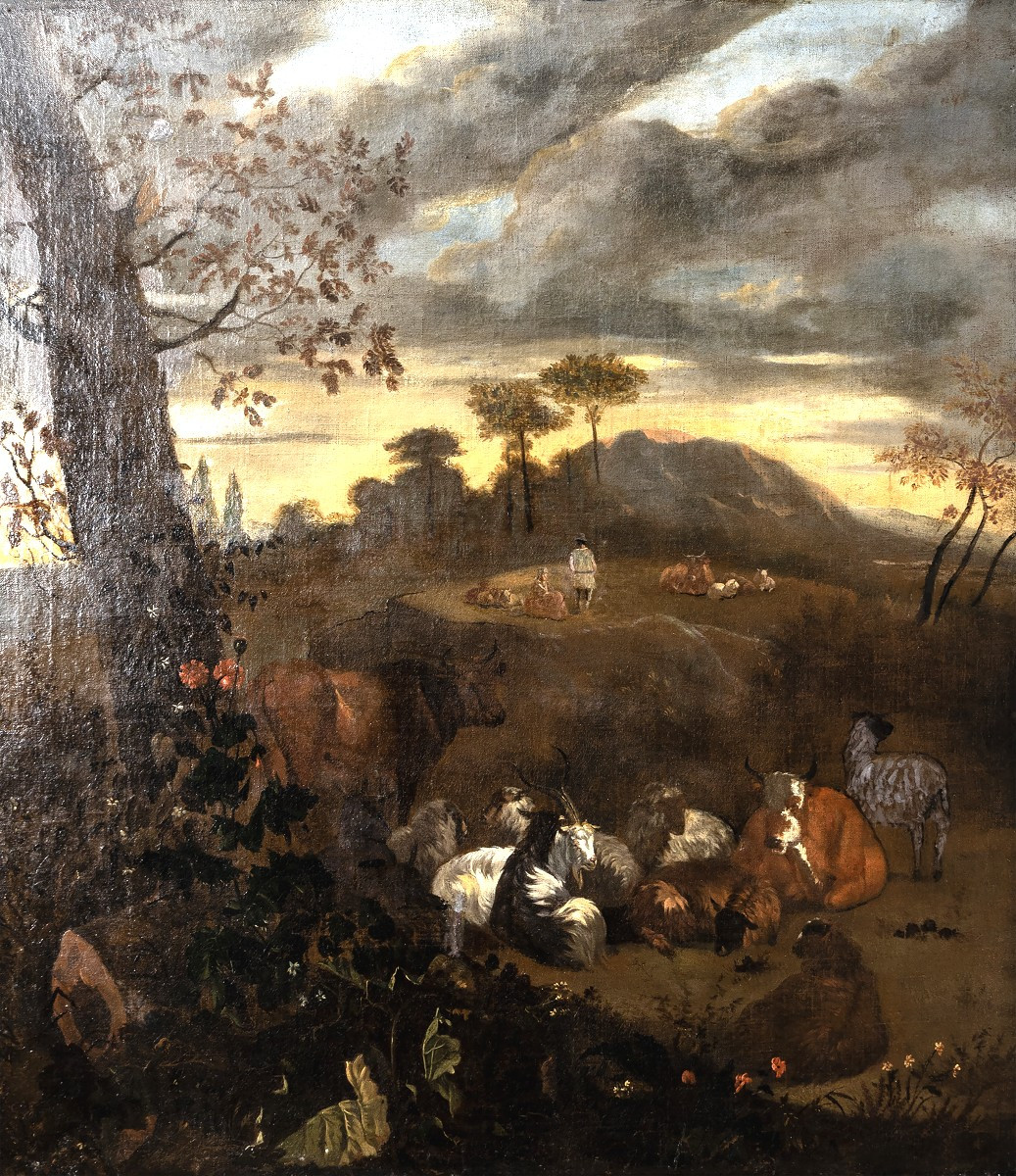 Cercle de N. BERCHEM – Paysage avec troupeau, berger et bergère – Huile sur toile –  XVIIe