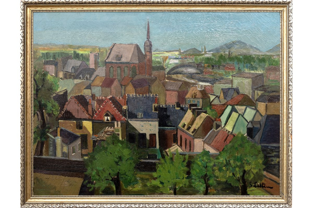 View Of Mons (hainaut, Belgium) - Oil On Canvas - About 1940-photo-2