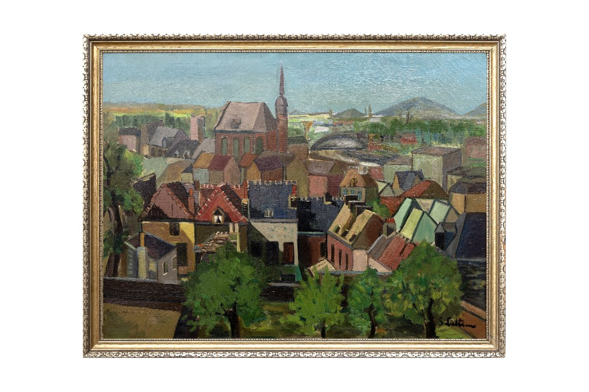 View Of Mons (hainaut, Belgium) - Oil On Canvas - About 1940-photo-5