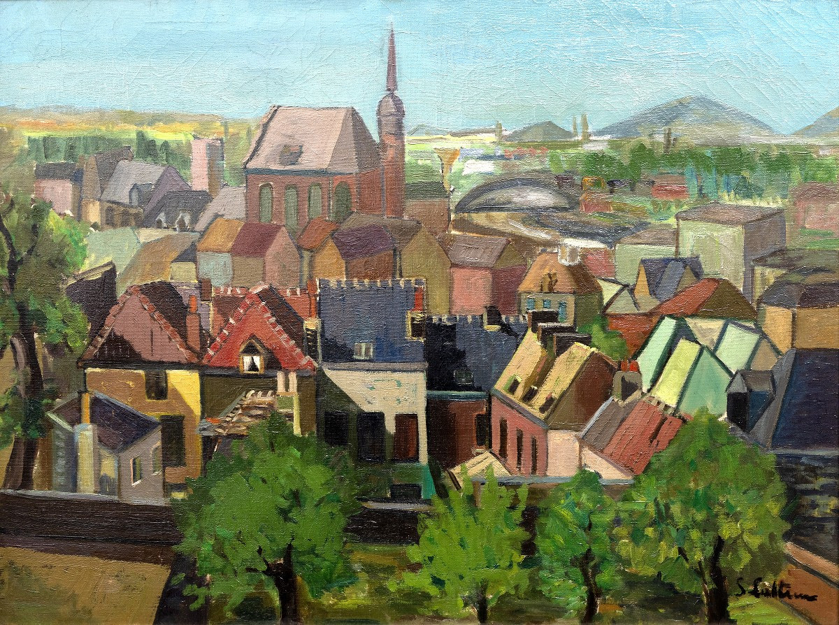 View Of Mons (hainaut, Belgium) - Oil On Canvas - About 1940