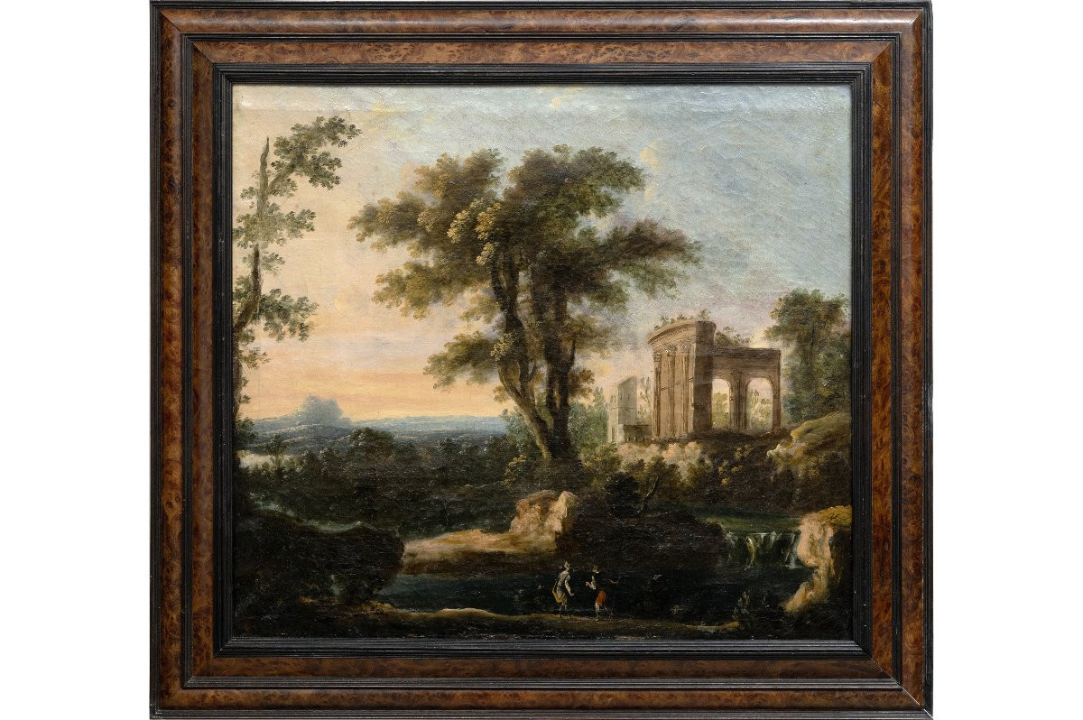 Paysage animé aux ruines antiques et à la cascade - Huile sur toile - Fin XVIIe ou début XVIII-photo-2
