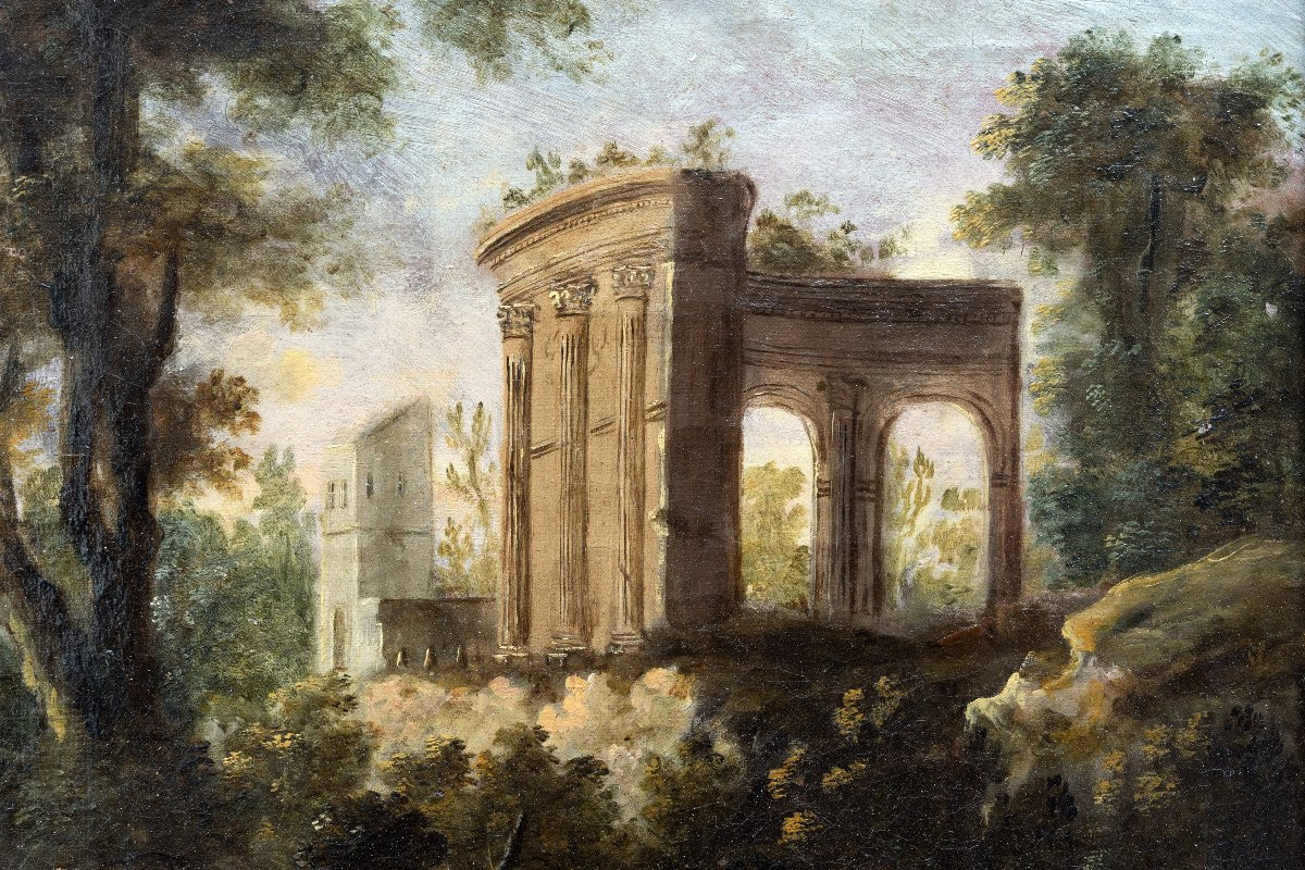 Paysage animé aux ruines antiques et à la cascade - Huile sur toile - Fin XVIIe ou début XVIII-photo-1