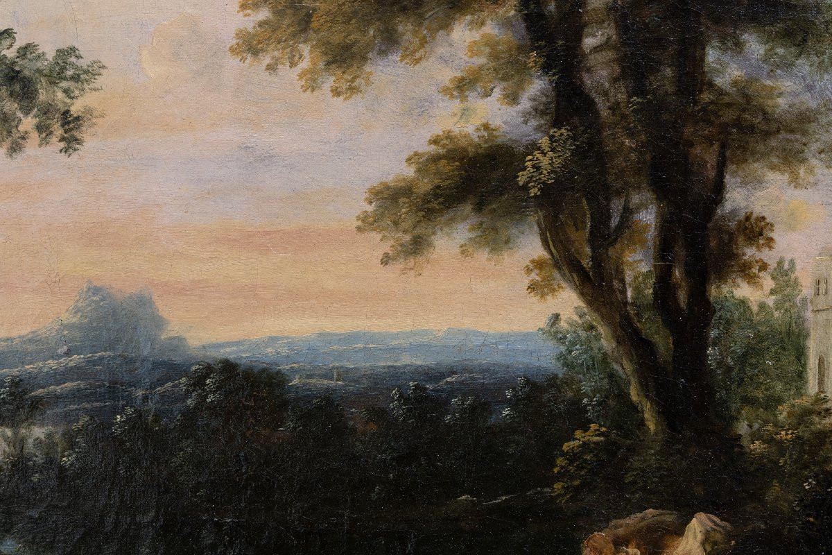 Paysage animé aux ruines antiques et à la cascade - Huile sur toile - Fin XVIIe ou début XVIII-photo-2