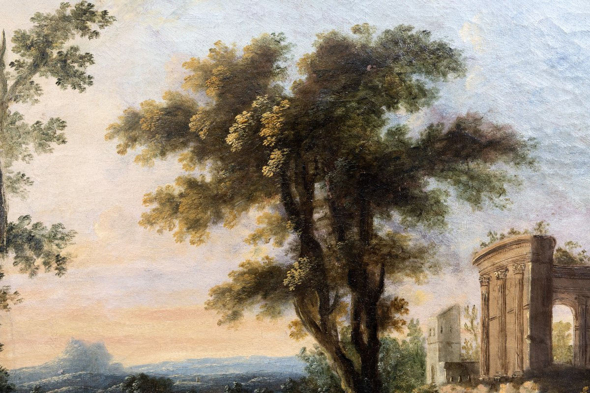 Paysage animé aux ruines antiques et à la cascade - Huile sur toile - Fin XVIIe ou début XVIII-photo-3