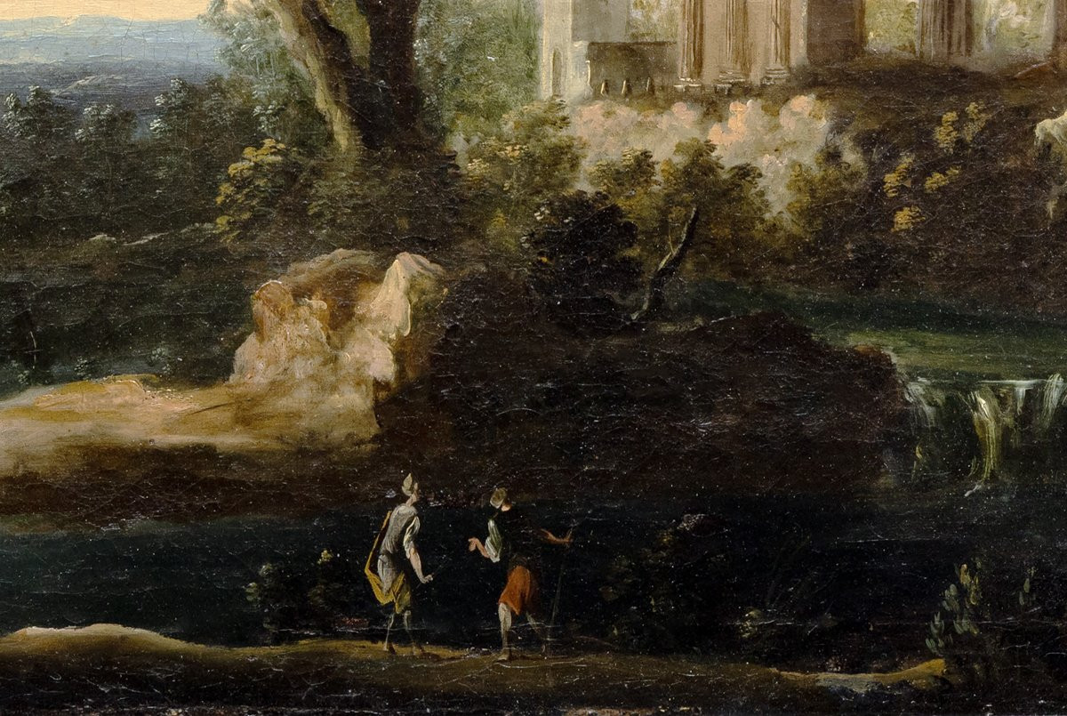 Paysage animé aux ruines antiques et à la cascade - Huile sur toile - Fin XVIIe ou début XVIII-photo-4