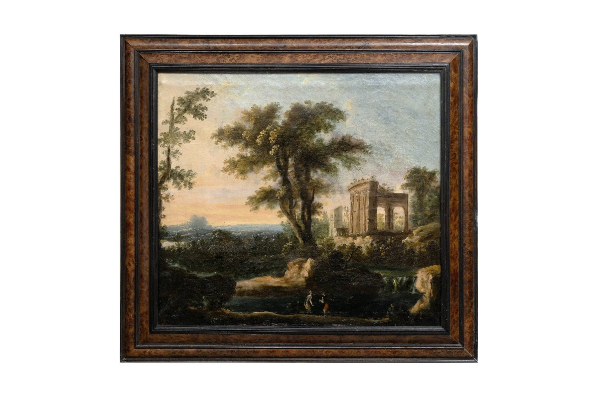 Paysage animé aux ruines antiques et à la cascade - Huile sur toile - Fin XVIIe ou début XVIII-photo-5