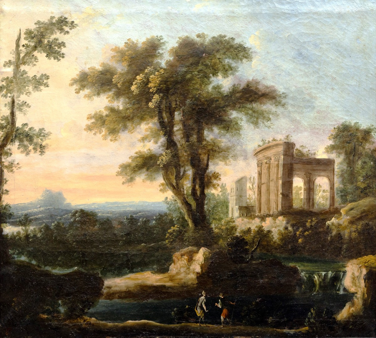 Paysage animé aux ruines antiques et à la cascade - Huile sur toile - Fin XVIIe ou début XVIII