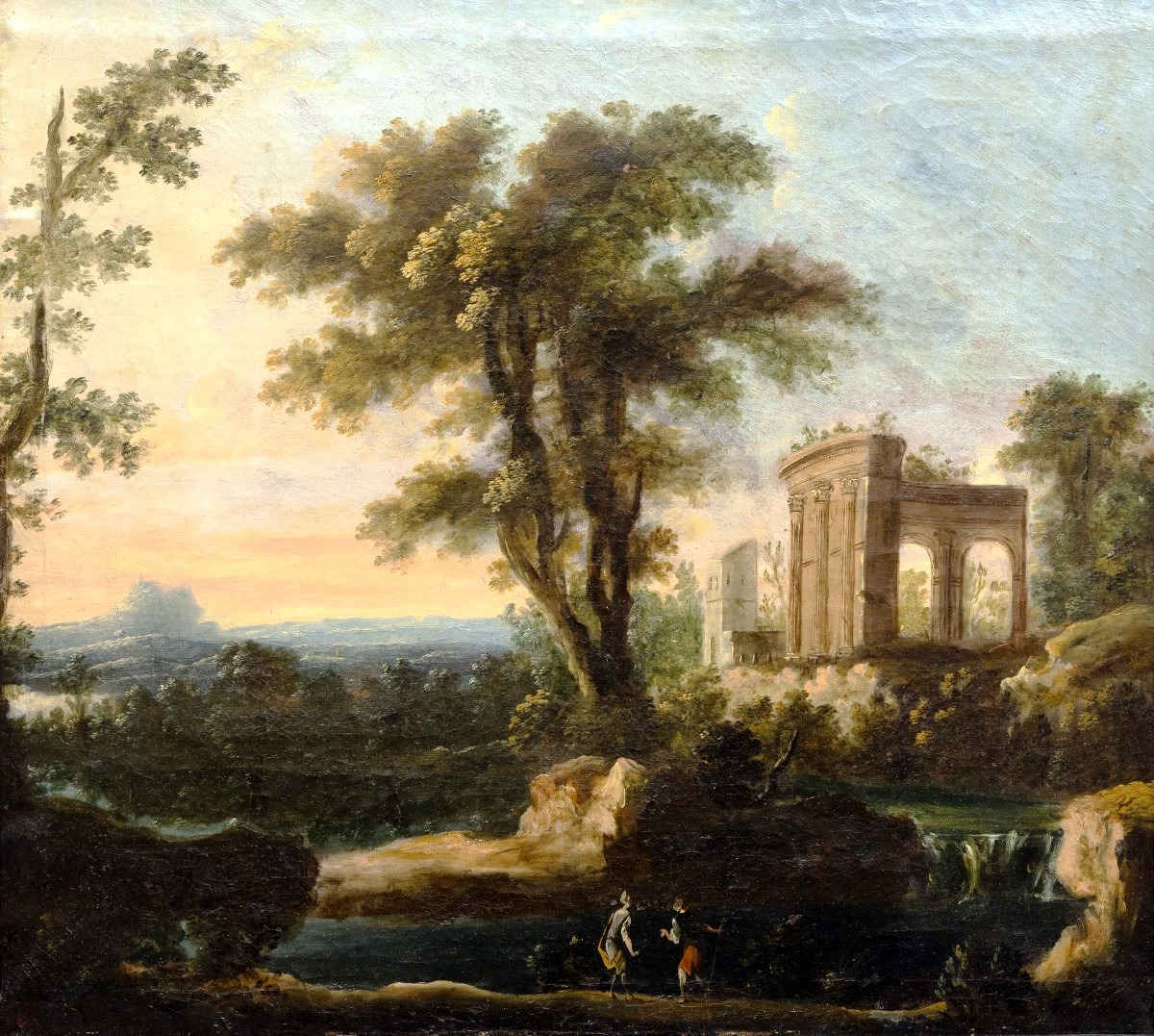 Paysage animé aux ruines antiques et à la cascade - Huile sur toile - Fin XVIIe ou début XVIII